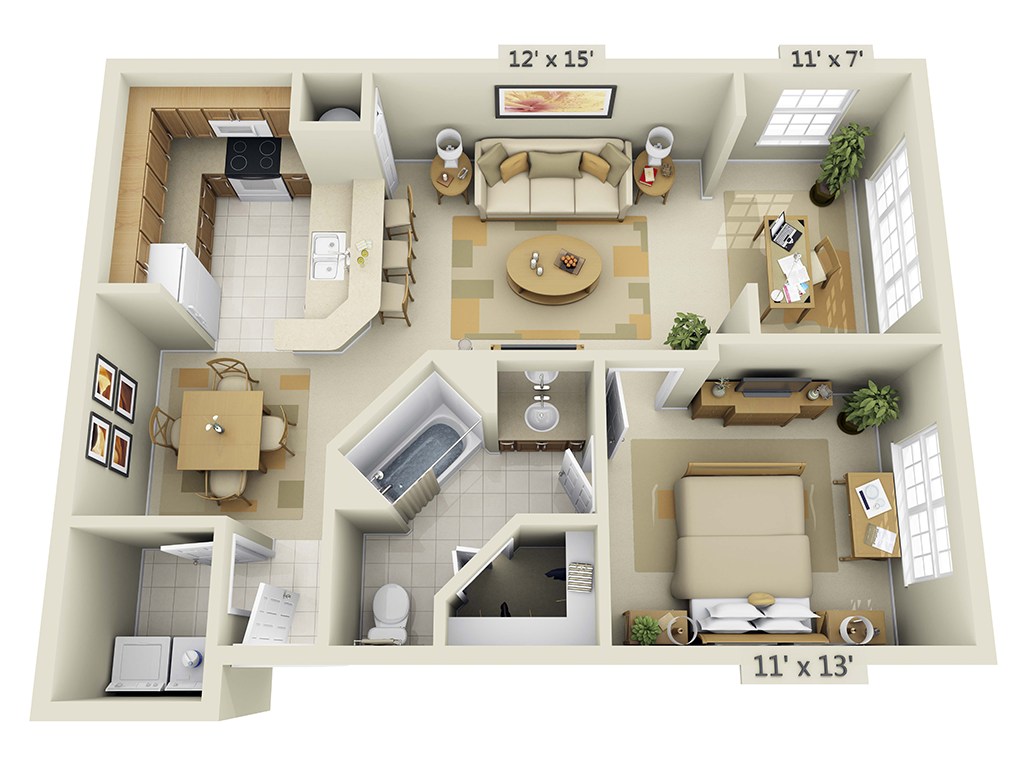 Floor plan for 1 bed, 1 bath, 801 sqft